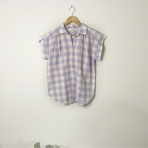 [LOFT] Purple and White Check Print Popover Linen Blend Short Sleeve Top